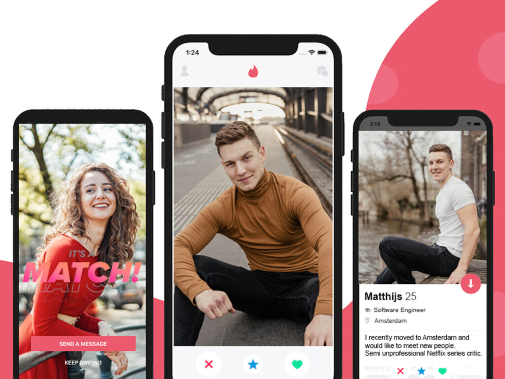 Tinder profiles of a woman and a man showcasing examples of professional online dating photography in Amsterdam.