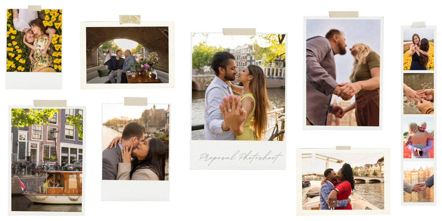 A photo grid showcasing proposal shoots in Amsterdam.