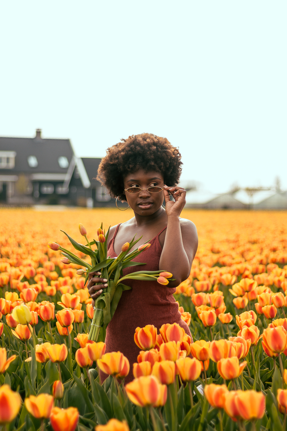 A beautiful black woman with afro hair holding an orange tulip bouquet surrounded by orange tulip fields.